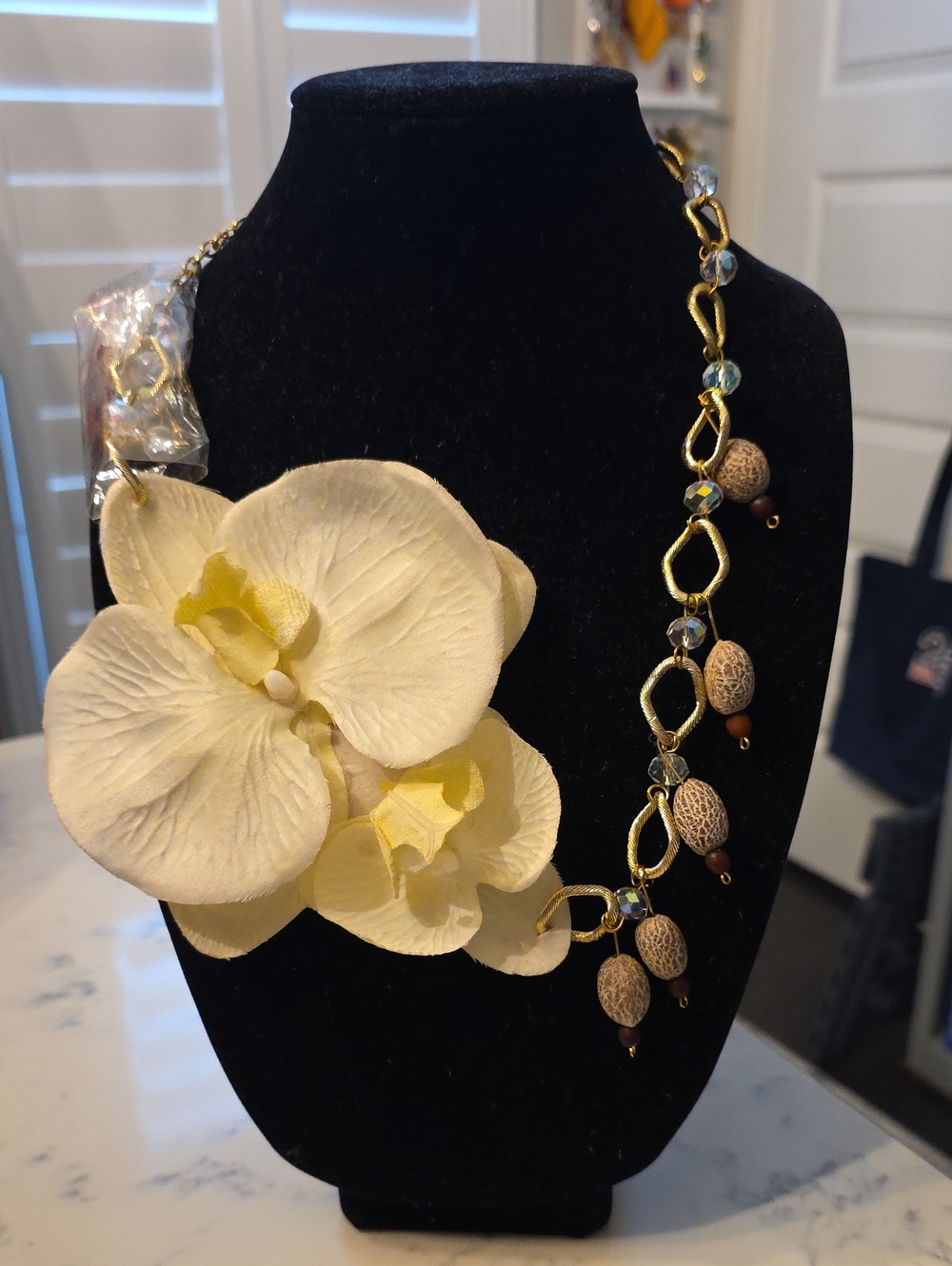 Floral Statement Necklace with Cream Orchid and Gold Chain